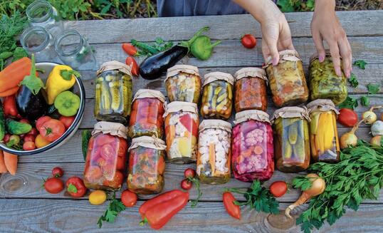 Woman canning vegetables in jars on the background of nature. preparations for the winter